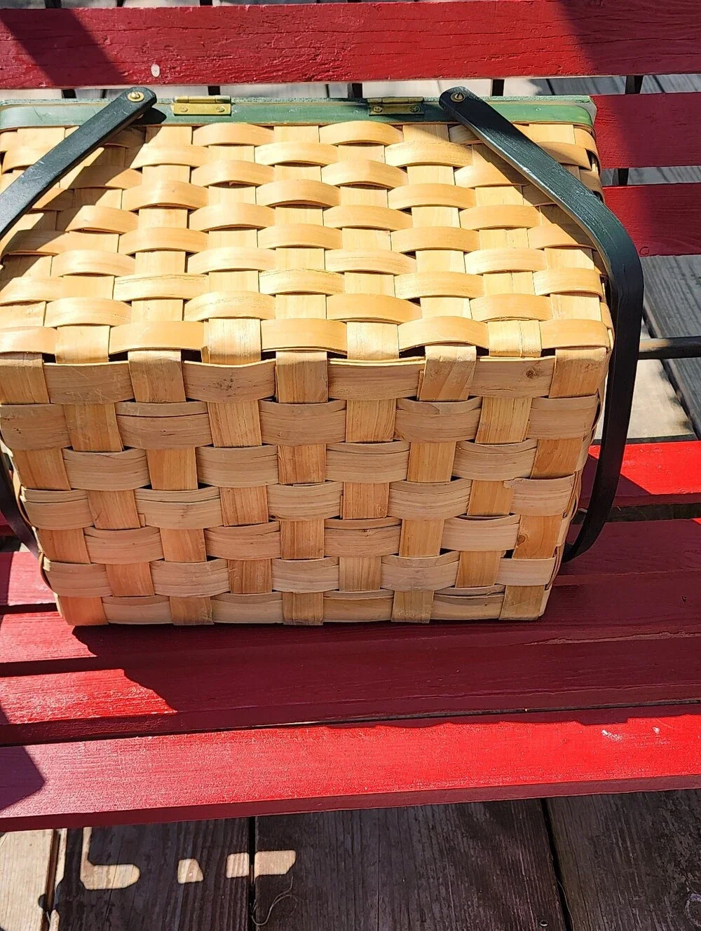 Vintage Tole Painted Woven Picnic Basket Wood Folk Artist Signed 2000 Rare HTF